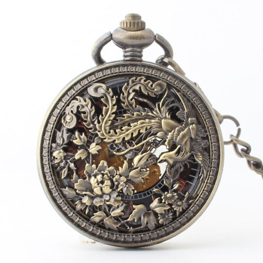Fashionable hollowed carved phoenix pattern automatic mechanical large pocket watch