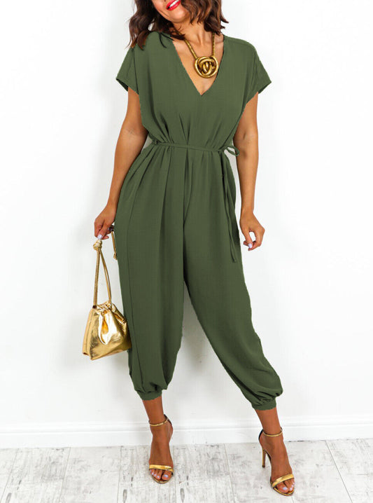 Women's harem pants with V-neck and lacing at the waist wide leg