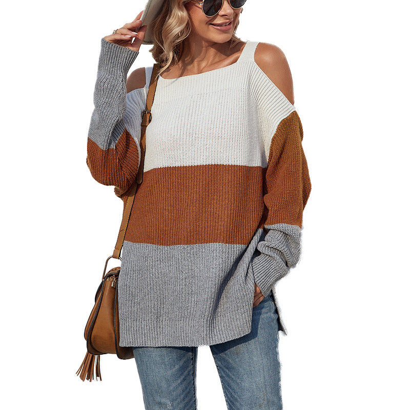 Off-the-shoulder slit sling sweater in contrast color