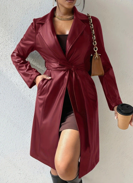 Langärmliges PU-Kleid für Damen mit schlanker Passform, langer Trenchcoat