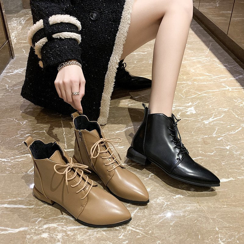 Women's British Style Ankle Boots Thick and Pointed Toe Low Heel Short Boots PU Leather Simple Comfortable