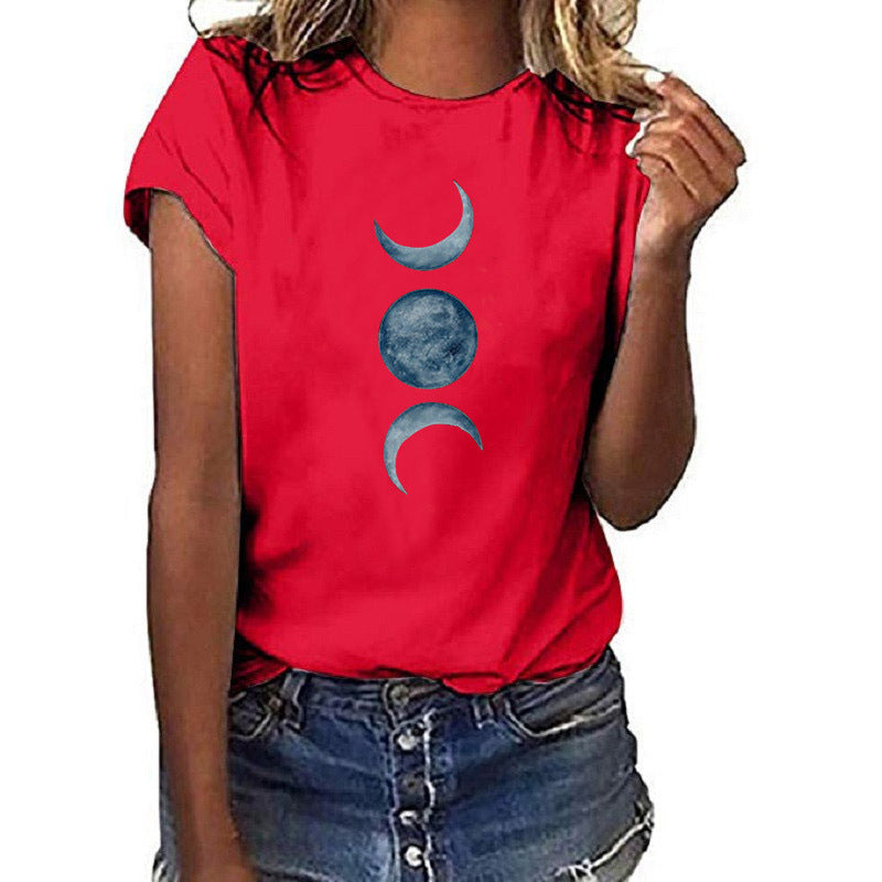 Casual European and American moon print round neck t-shirt