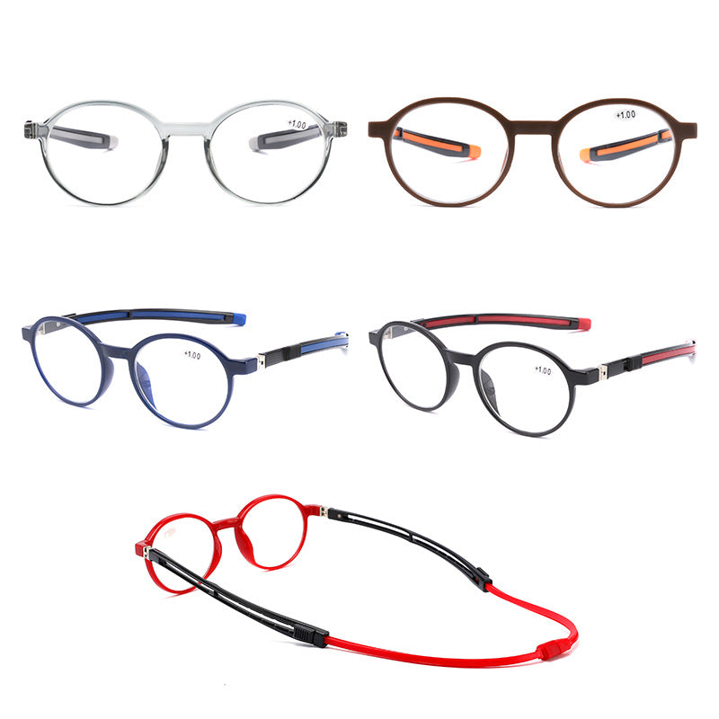 Portable retractable reading glasses with magnetic strap