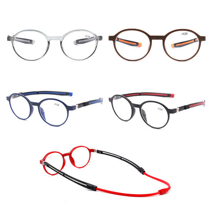 Portable retractable reading glasses with magnetic strap