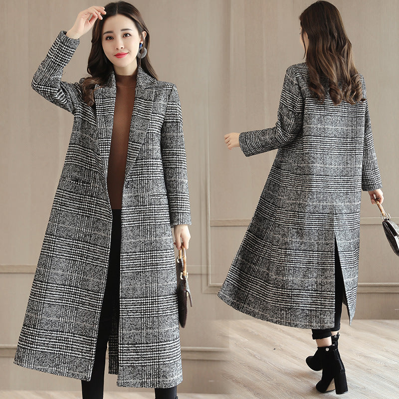 Women's fashion casual tweed suit collar black white plaid jacket