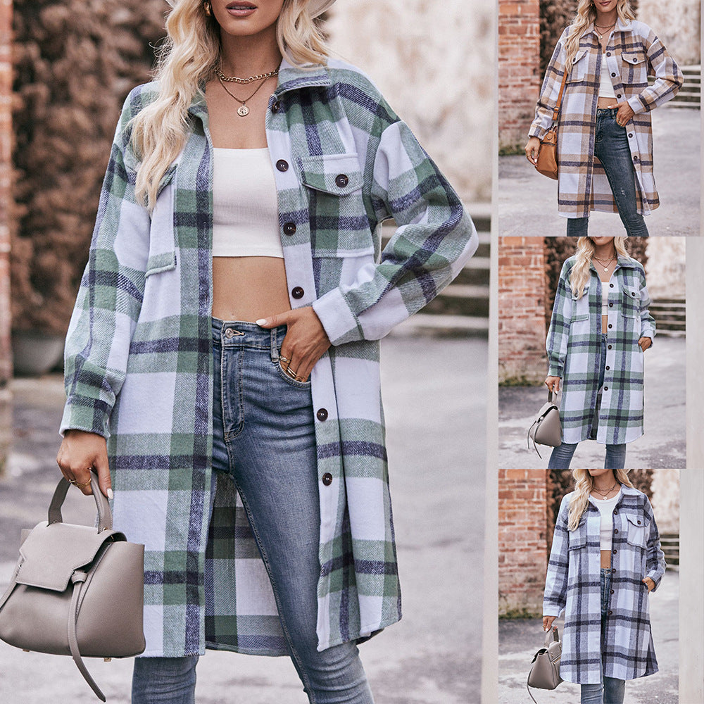 Casual long coat with checked flannel shirt