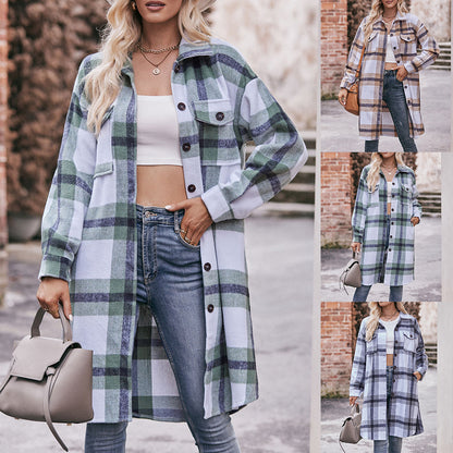 Casual long coat with checked flannel shirt