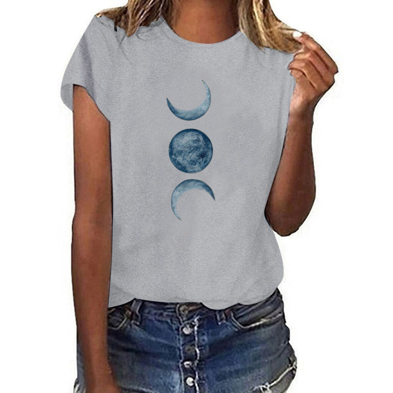 Casual European and American moon print round neck t-shirt