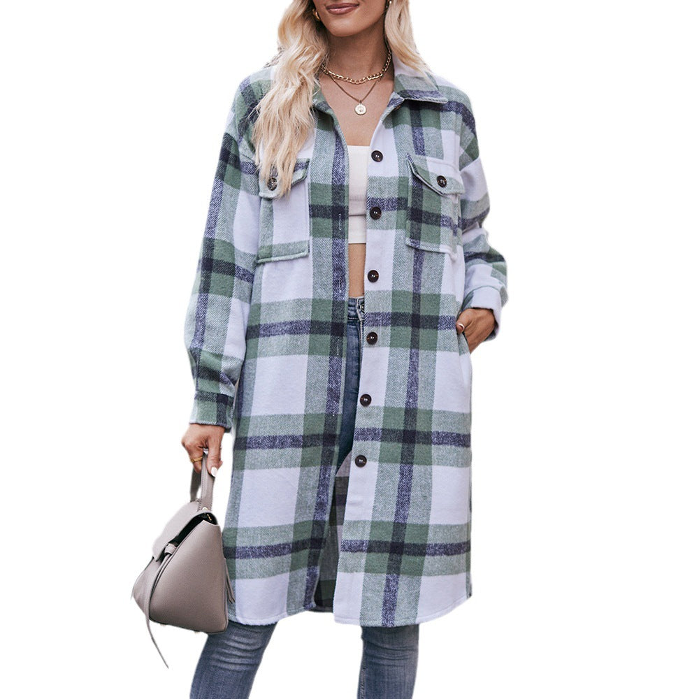 Casual long coat with checked flannel shirt