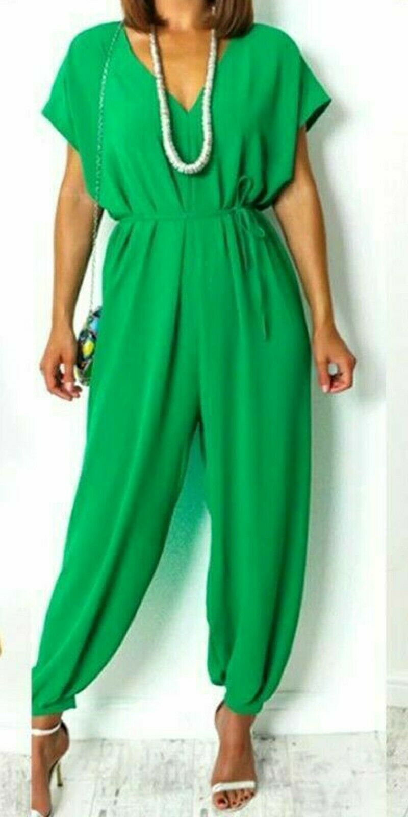 Women's harem pants with V-neck and lacing at the waist wide leg