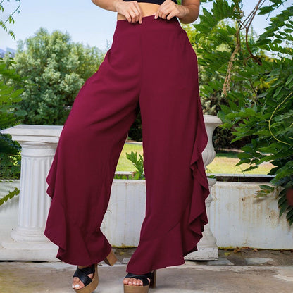 Women's fashion pure color ruffle loose casual wide leg pants