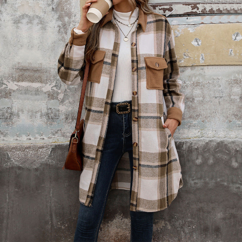 Neu gebürstetem Plaid langen Mantel mit Taschen Mode Winter jacke Outwear Damen bekleidung