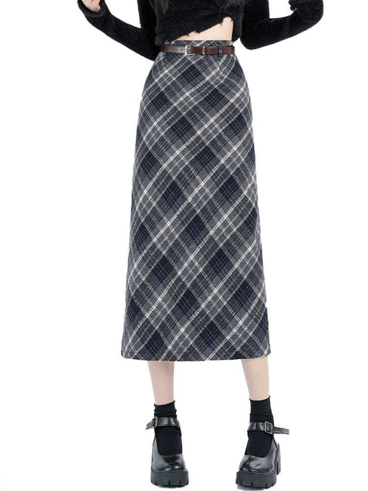 Straight Woolen Plaid Skirt Mid-length Hip Skirt