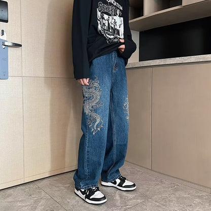 Loose embroidered jeans for men