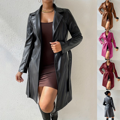 Langärmliges PU-Kleid für Damen mit schlanker Passform, langer Trenchcoat