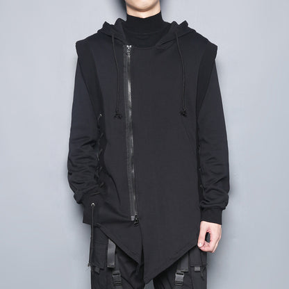 Dark black fake two piece casual coat with hood and cross straps