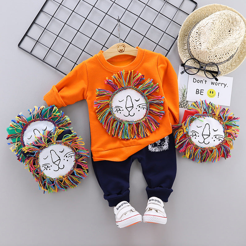 Two-piece children's suit with round neck and long sleeves made of sweater and trousers