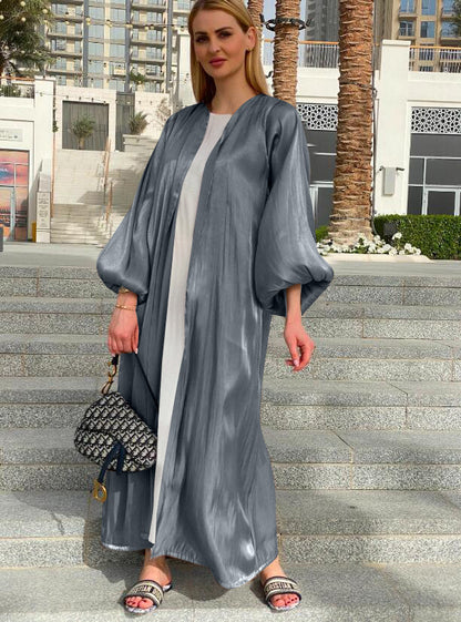 Eid Muslim Abaya Dress Kimono For Women Fashion Shiny Silklike Summer Abayas Cardigan Puff Sleeve Dubai Türkiye Clothing