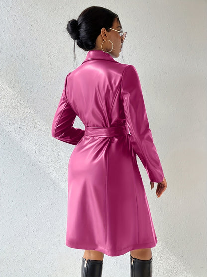 Langärmliges PU-Kleid für Damen mit schlanker Passform, langer Trenchcoat