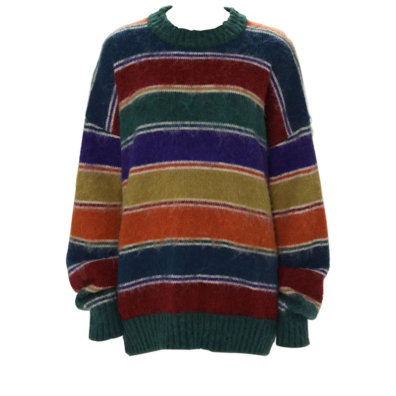 Retro sweater with contrasting rainbow round neck for women