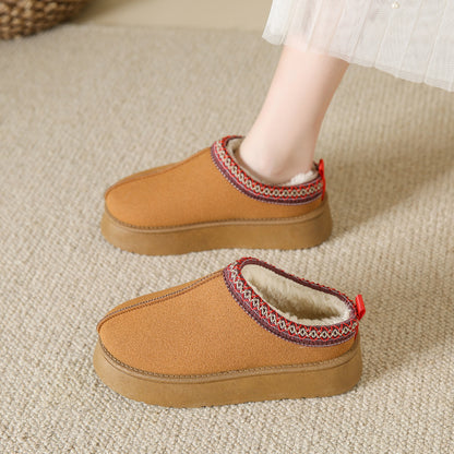 Baotou plush half slippers for home snow boots women fleece warm thick bottom cotton shoes ankle flats