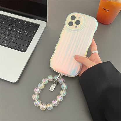 Laser Wave Silicone Phone Case Gradient Laser Stripe Bracelet Case for IPhone 14 13 12 11 Pro Max Plus Pearl Chain