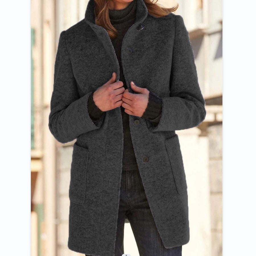 Mode Stand Kragen Woll mantel mit Taschen Herbst Winter Casual Button Outwear für Frauen Kleidung