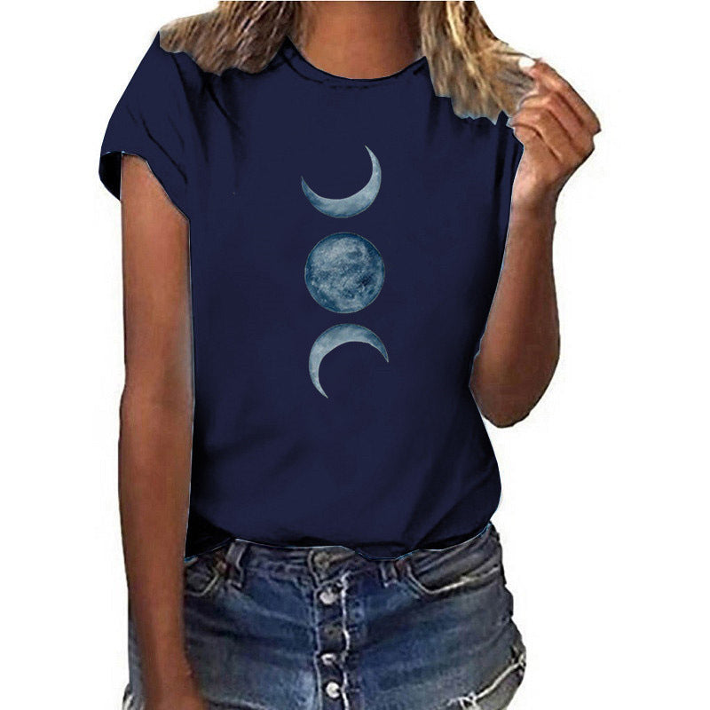 Casual European and American moon print round neck t-shirt