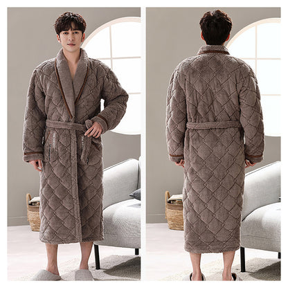 Winter Men's Bathrobe Terry Cloth Bathrobe 3-Layer Flannel