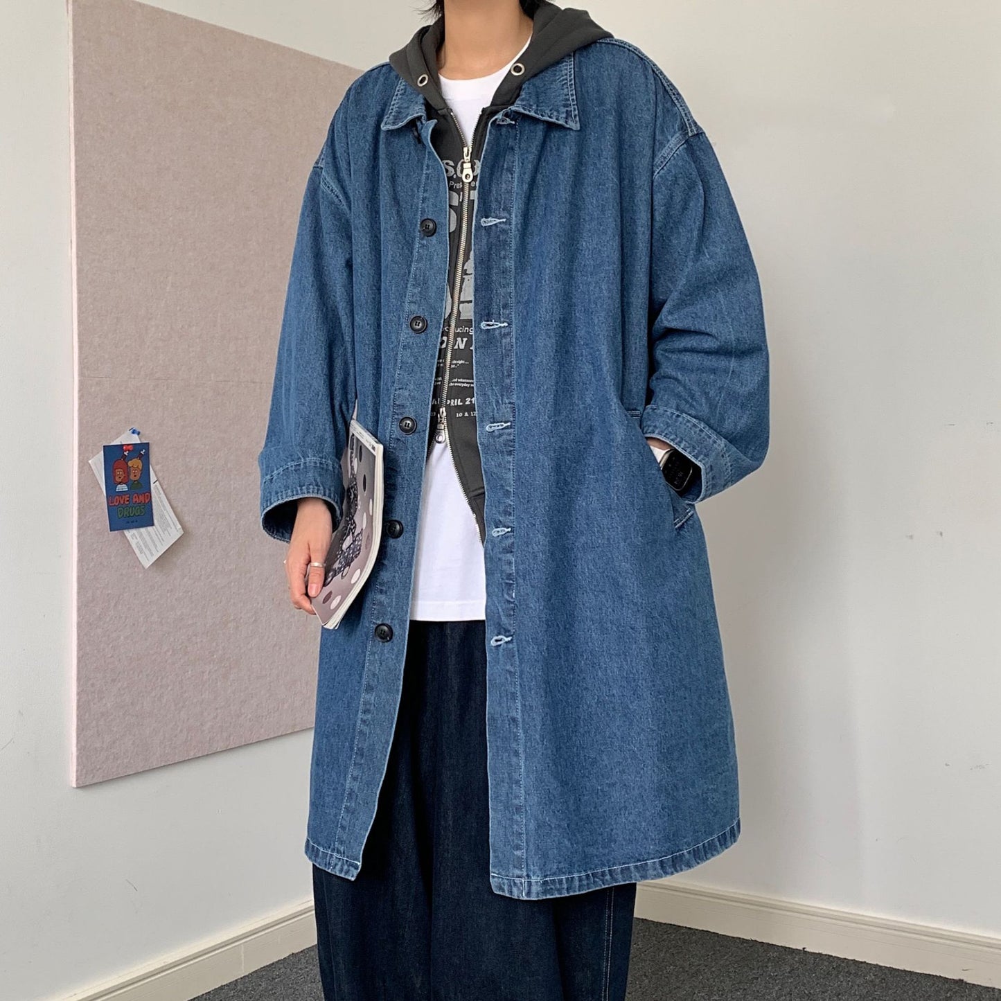 Korean style mid-length denim trench coat