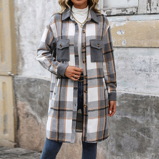 Neu gebürstetem Plaid langen Mantel mit Taschen Mode Winter jacke Outwear Damen bekleidung