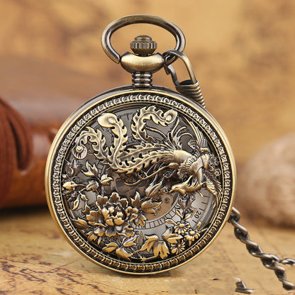 Fashionable hollowed carved phoenix pattern automatic mechanical large pocket watch