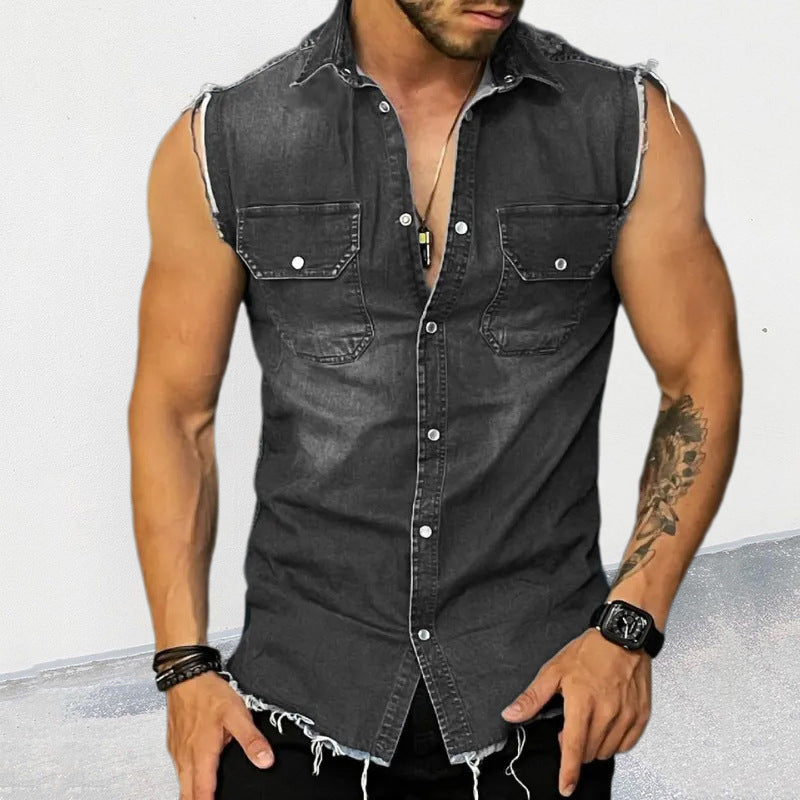 European and American fashion casual polo collar sleeveless denim jacket with buttons