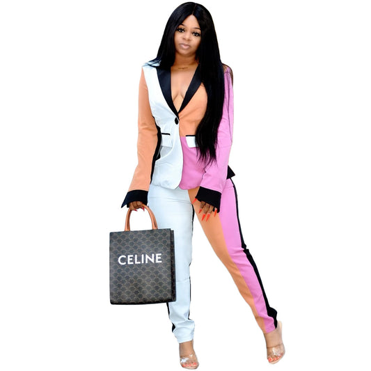 Two-piece set with fashionable suit trousers and color contrast patchwork for women