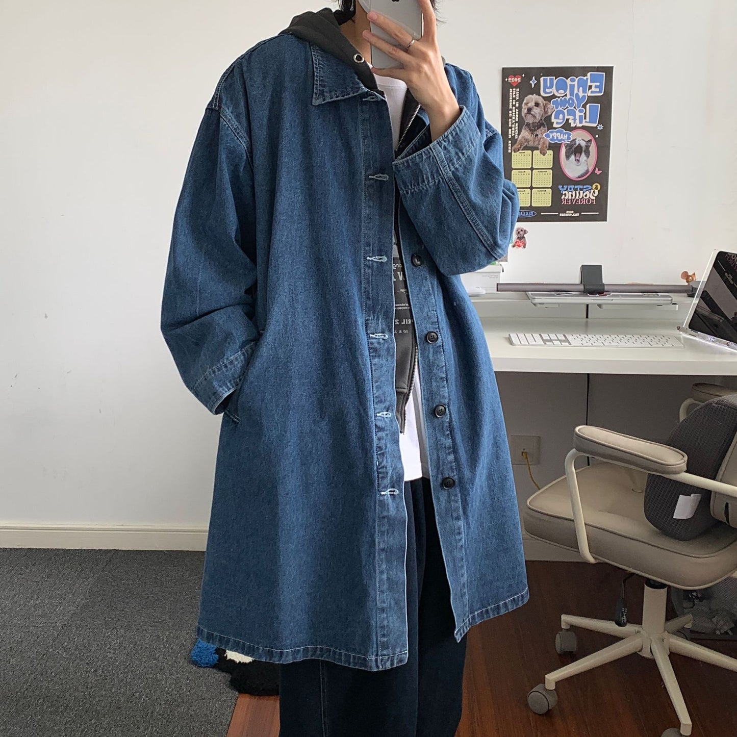 Korean style mid-length denim trench coat