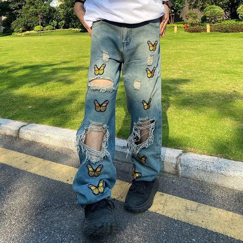 Men's Butterfly Embroidery Ripped Jeans
