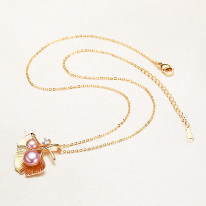 Natural Pearl Jewelry Vintage Double Leaf Zircon Gold Color Pendant Necklace For Woman