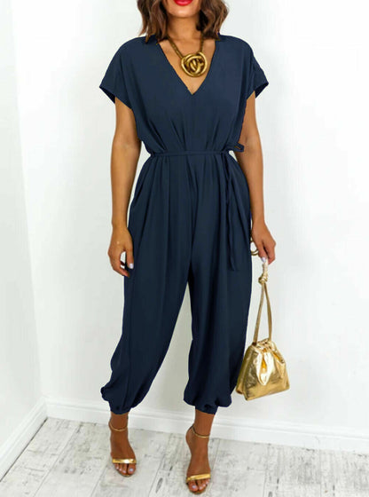 Women's harem pants with V-neck and lacing at the waist wide leg