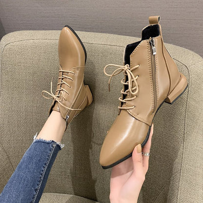 Women's British Style Ankle Boots Thick and Pointed Toe Low Heel Short Boots PU Leather Simple Comfortable