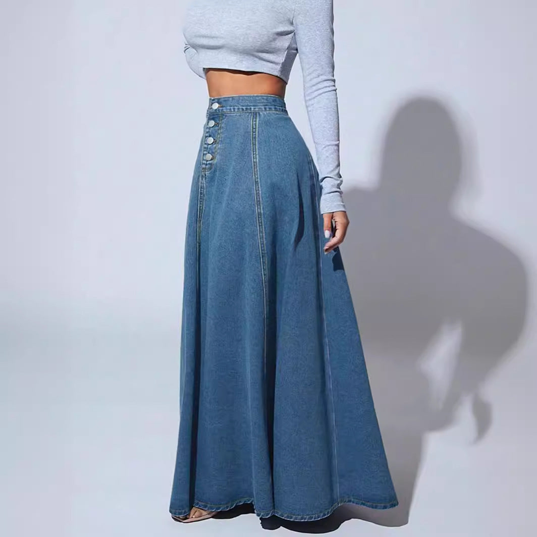 Einreihiger Jeans rock im Retro-Stil mit großem Swing-Design