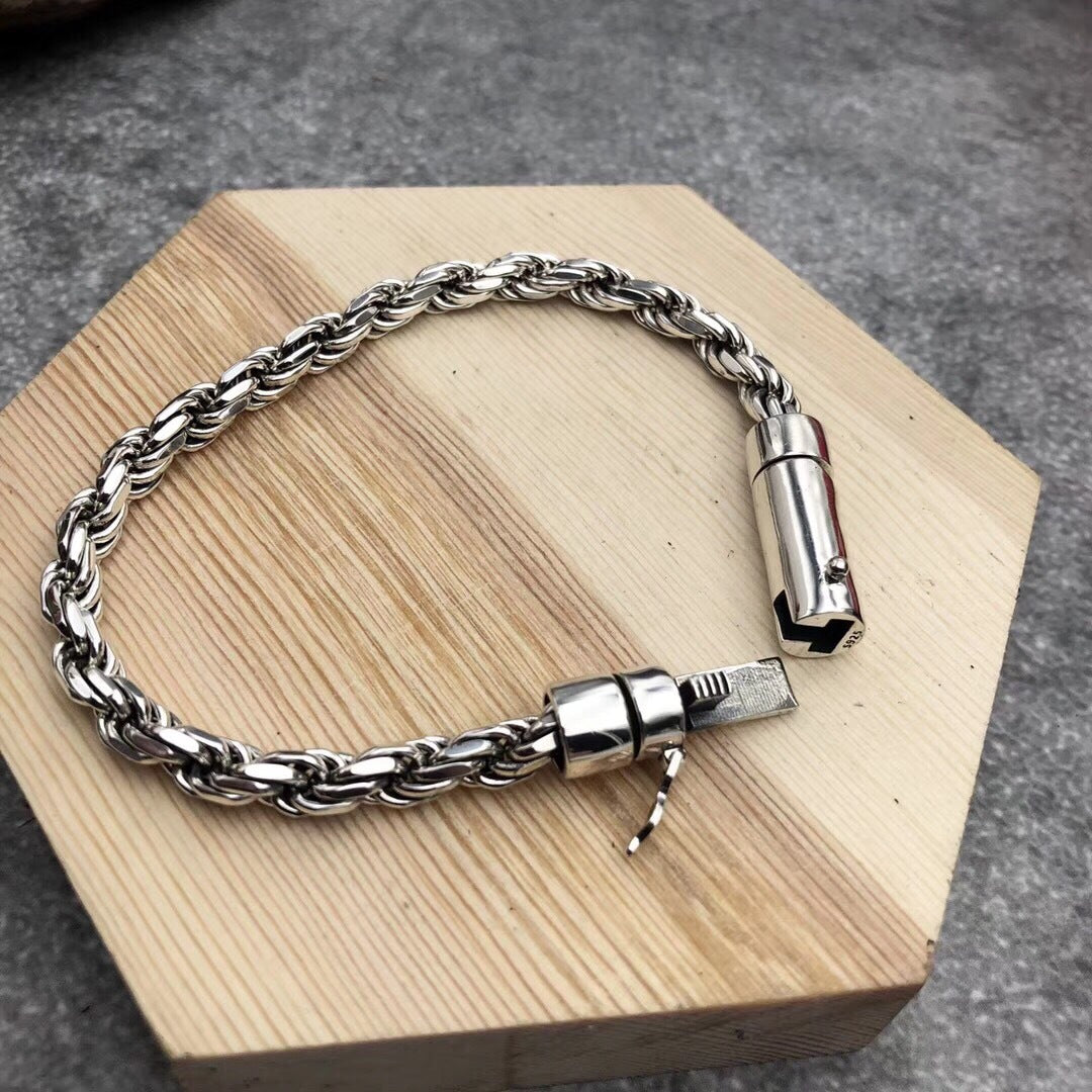 S925 Sterling Silver Vintage Men's Bolt Hemp Rope Bracelet