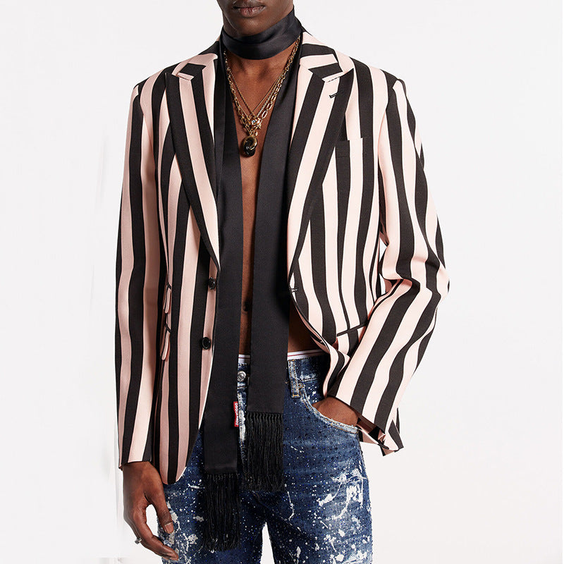 Men's fashion slim fit loose long sleeve jacket striped top