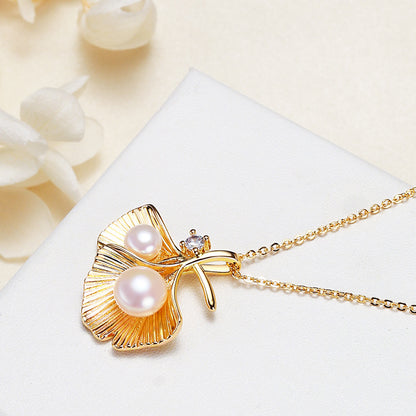 Natural Pearl Jewelry Vintage Double Leaf Zircon Gold Color Pendant Necklace For Woman