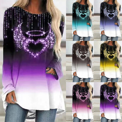 Autumn Women Loose Round Neck Heart Print Long Sleeve T-Shirt