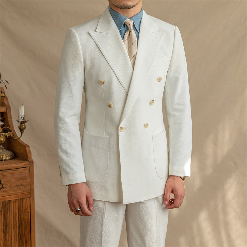 Breathable semi-lined non-iron seersucker double-breasted jacket