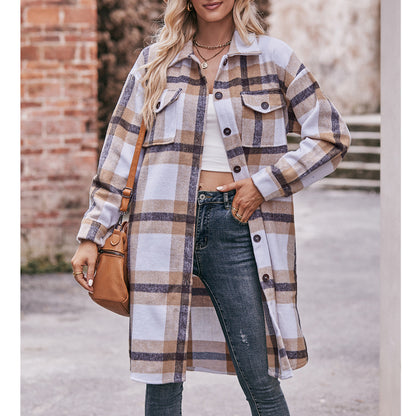 Casual long coat with checked flannel shirt