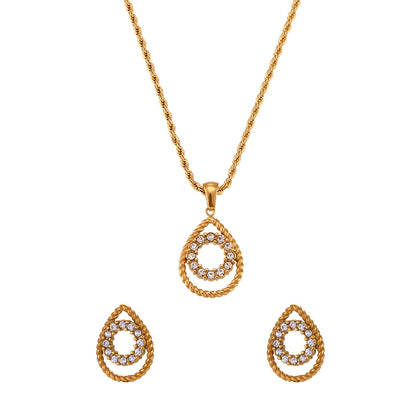 Finely inlaid ear studs with golden hollow water drop pendant necklace