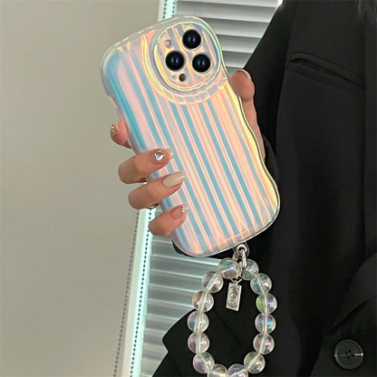 Laser Wave Silicone Phone Case Gradient Laser Stripe Bracelet Case for IPhone 14 13 12 11 Pro Max Plus Pearl Chain