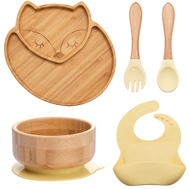 7Pcs Wooden Feeding Tableware Sets Kids Feeding Supplies Bam