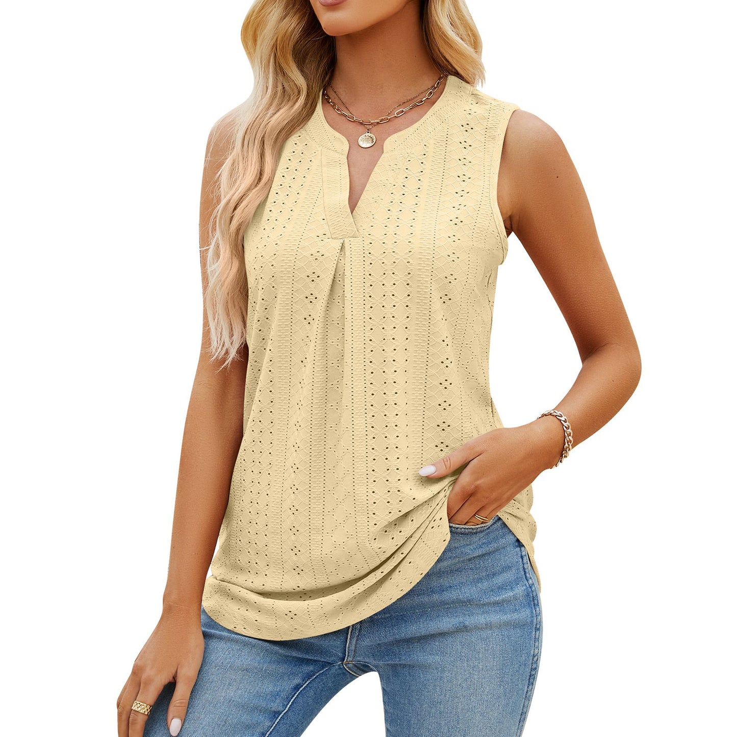 Women's solid color hole V-neck slim vest